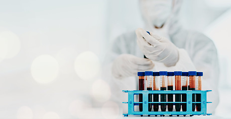 Image showing Blood test, DNA and science, scientist and banner, health and medical research with mockup space. Bokeh, healthcare and sample in test tube for experiment, medicine person in PPE and pharmaceutical