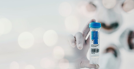 Image showing Science, test tube and sample of vaccine in pharmaceutical lab, research or biotechnology mockup with scientist in background. Corona, covid19 and chemical assessment or analysis in laboratory