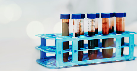 Image showing Blood, DNA and science, test tube and health, medical research with mockup space and closeup. Bokeh, healthcare and sample for experiment, medicine and pharmaceutical with background in a laboratory