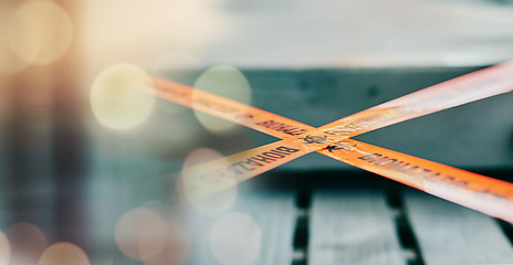 Image showing Warning, tape and caution, biohazard and health, infection and barrier with bokeh, blurred background and science. danger, biology and threat with medical crisis, safety with protection and toxic