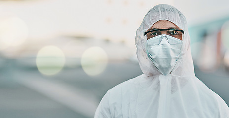 Image showing Man, face mask and PPE in portrait with safety, Covid compliance with mockup space and bokeh. Health, protection gear and virus with healthcare banner, disinfection and medical worker with danger