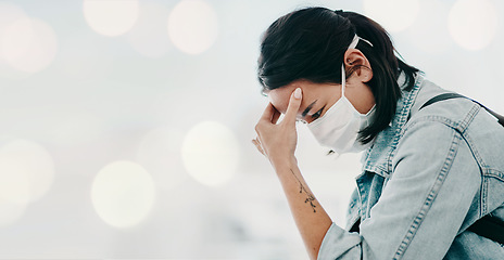 Image showing Covid, mask and woman with a headache in hospital mockup for healthcare, clinic or symptoms of stress or burnout. Corona, virus and patient waiting for medical advice, results and migraine pain