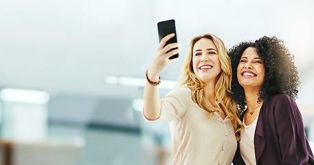 Image showing Business, couple of friends and women in selfie, banner and happy with social media post, corporate team and diversity. Mockup space, smile in picture and memory with employees, photography and trust