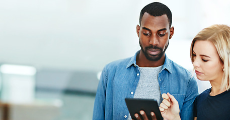 Image showing Tablet, teamwork or black man with woman in office to show an online strategy on social media. Mock up space, leader or startup manager consulting for teaching, coaching or helping in business advice