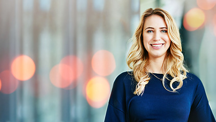 Image showing Portrait, business woman and smile in office on bokeh, startup company or workplace. Face, designer and happy professional employee, creative worker and entrepreneur person on mockup space in Canada