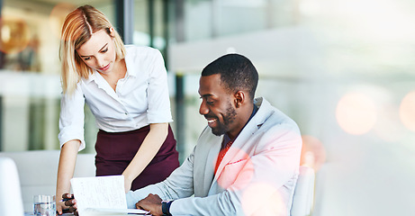 Image showing Manager, teamwork or black man in training or learning info on feedback in office with paperwork. Bokeh, documents or woman teaching business, coaching or helping with research advice or support