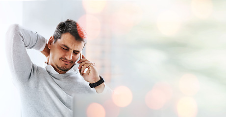 Image showing Stress, phone call and business man with neck pain in office with burnout, worry or workload pressure with mockup. Anxiety, muscle tension and guy project manager with smartphone conversation or fail