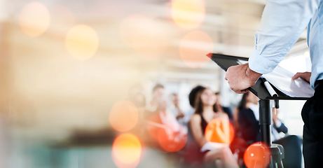 Image showing Podium, business and presentation, speaker and audience, conference and banner with mockup space. Corporate training, people at seminar and communication, leadership and public speaking with bokeh