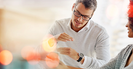 Image showing Mockup, teamwork or man talking to woman in meeting to explain a strategy or speaking of ideas. Bokeh space, leader or startup manager consulting for teaching, coaching or helping in business advice