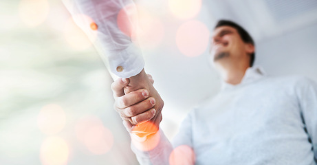 Image showing Business people, shaking hands and meeting, introduction or welcome for accounting, success and clients deal. Financial advisor and man with handshake below for partnership, thank you or agreement