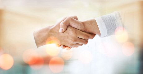 Image showing Mockup, success or business people shaking hands in b2b meeting for negotiation or contract agreement. Hiring, handshake or hr manager in job interview for networking or partnership deal opportunity