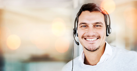 Image showing Customer service mockup, portrait or happy man in call center for advice, tech support consulting. Smile, space or friendly face of consultant in telemarketing or telecom company with mic headset