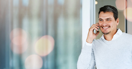 Image showing Banner, phone call and happy man in office with smile, mockup and business communication for b2b trading. Networking, consulting and businessman with cellphone, conversation and space in workplace.