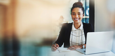 Image showing Portrait, business and woman with a laptop, smile or banner with bokeh, notebook or consultant in workplace. Face, person or employee with a pc, writing or overlay with connection or project planning