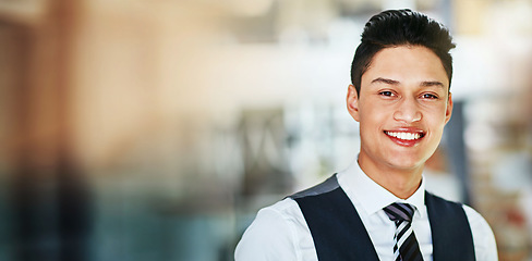 Image showing Face, lawyer and business man in office, company or corporate workplace mockup space. Portrait, attorney and happy professional employee, worker and advocate smile for career in law firm in Brazil