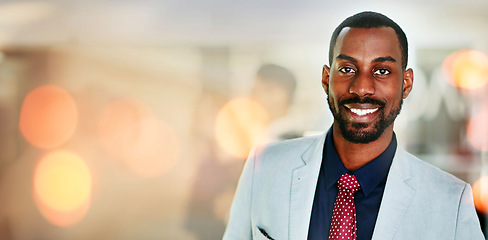 Image showing Portrait of lawyer, business and black man in office, company or workplace bokeh. Face, attorney and happy African professional employee, worker or legal advocate smile in suit for career in law firm