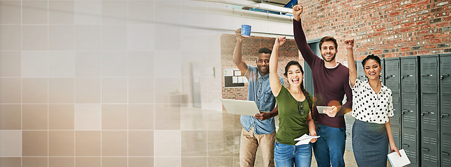 Image showing Portrait, startup mockup or excited business people in a meeting, overlay or cooperation with diversity. Hands up, smile and group of employees in collaboration with teamwork, pride or banner space