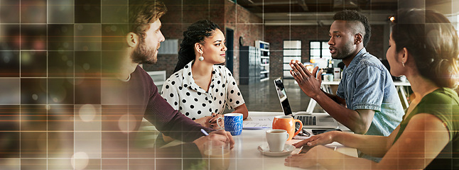 Image showing Banner, talking and business people in a meeting at work for a discussion, workshop or teamwork. Morning, training or a black man speaking to employees about an agenda, schedule or planning together