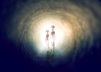 Image showing Universe, portal and invasion with aliens walking in space for an invasion or mission to explore the galaxy. Horror, fantasy or extraterrestrial life with supernatural beings in a tunnel for travel
