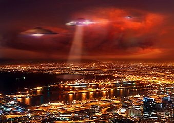 Image showing UFO, city and spaceship with invasion, lights and alien with contact, science fiction or mystery. Machine, transport or extraterrestrial with fantasy, galaxy mission or futuristic with travel or glow