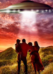 Image showing Back, alien and flying ufo with a family outdoor in nature together during an invasion or spaceship discovery. Universe, earth and people in the mountains to search for proof of extraterrestrial life