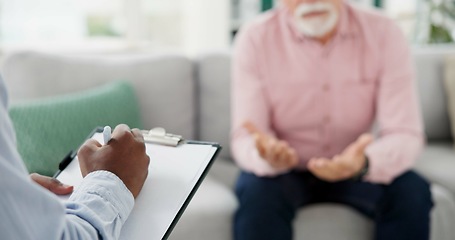 Image showing Writing, psychology and support with hands of therapist and patient for counseling, consulting and meeting. Mental health, rehabilitation and advice with closeup of people in office for life coaching