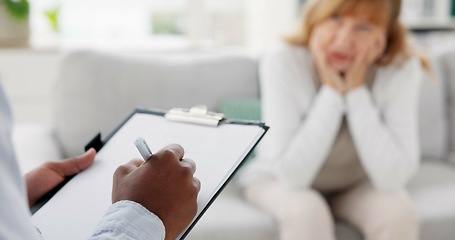 Image showing Writing, psychology and mental health with hands of therapist and patient for counseling, support and meeting. Consulting, rehabilitation and advice with closeup of people in office for life coaching