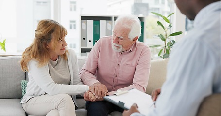 Image showing Counseling, support and senior couple with therapist in consultation for help, talk or crisis guidance. Therapy, depression and old people holding hands consulting marriage or mental health expert