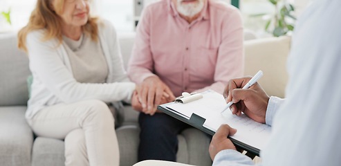 Image showing Holding hands, support and senior couple with therapist for counseling, help and support for difficult, crisis or cancer diagnosis. Therapy, depression and old people consulting mental health expert