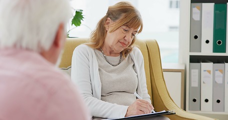 Image showing Writing, psychology and therapy with therapist and patient for counseling, support and meeting. Mental health, rehabilitation and advice with senior people in office for psychologist and checklist