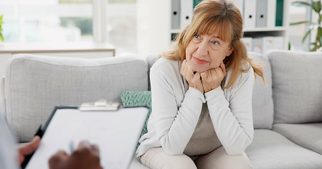 Image showing Writing, psychology and consulting with therapist and patient for counseling, support and meeting. Mental health, rehabilitation and advice with old woman in office for life coaching and psychologist