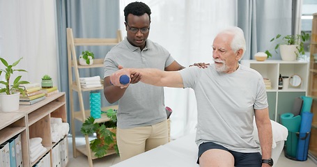 Image showing Arm physiotherapy, dumbbell or person with old man for support, recovery in motion training. Physical therapy, rehabilitation or African physiotherapist helping elderly patient with mobility exercise