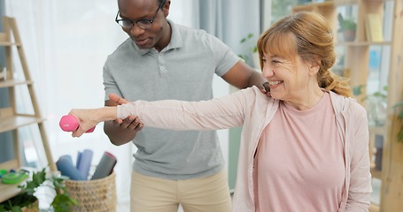 Image showing Physiotherapy, fitness and senior woman with black man and dumbbell for body assessment. Physical therapy, weightlifting and elderly female with therapist for recovery, training and healing exercise