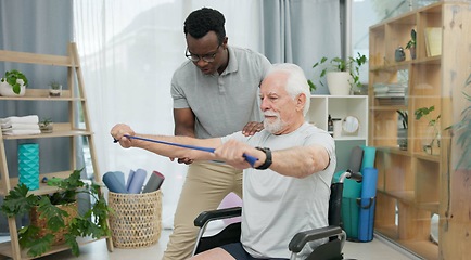 Image showing Senior man with disability, physiotherapist and stretching band for muscle rehabilitation, chiropractor service or help. Physical therapy, medical support or patient in wheelchair at recovery clinic