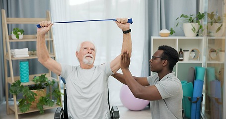 Image showing Man with disability, physiotherapist and stretching band for healthcare rehabilitation, consulting and physical therapy assessment. Clinic, physiotherapy and support for senior patient in wheelchair