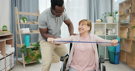 Image showing Senior woman with disability, physiotherapy and stretching band for muscle rehabilitation, physical therapy and chiropractor service. Physiotherapist, medical support and happy patient in wheelchair