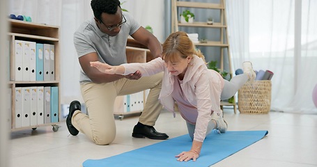 Image showing Physiotherapist, body stretching and senior woman for rehabilitation, recovery and black man stretching client. Retirement physiotherapy, injury healing and physical therapist help elderly patient