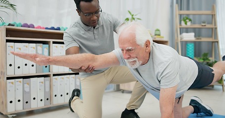 Image showing Physiotherapy, body stretching and senior man for rehabilitation, recovery and black man support client. Retirement physical therapy, mobility or African physiotherapist help elderly patient on floor
