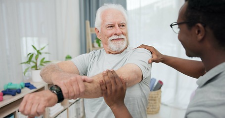 Image showing Physiotherapy results, arm stretching or old man for rehabilitation, recovery and black man check injury healing. Support, motion mobility assessment or African physiotherapist advice elderly patient