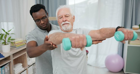 Image showing Physiotherapy, dumbbell arm exercise or old man for rehabilitation, recovery and black man support on injury healing. Helping, aid service or African physiotherapist advice elderly patient on workout