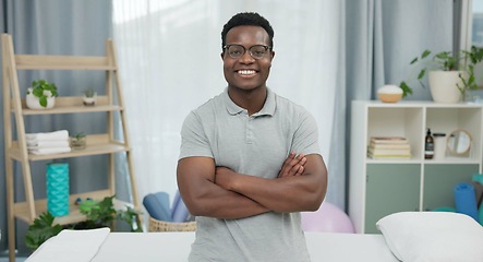 Image showing Physiotherapy, arms crossed and black man confident, happy or smile for support, recovery or healing healthcare service. Physical therapy, portrait and African male physiotherapist for rehabilitation