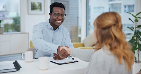 Image showing Handshake, contract and consulting with lawyer and client for planning, signature or deal. Financial advisor, legal documents and agreement with black man and woman in law firm for life insurance