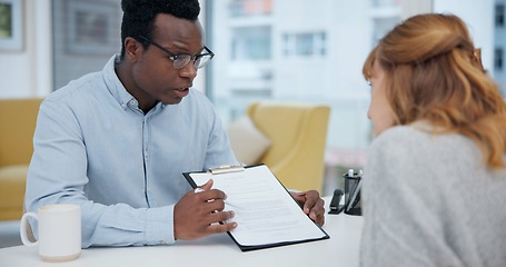 Image showing Life insurance, contract and consulting with lawyer and client for planning, signature or deal. Financial advisor, legal documents and agreement with black man and woman in law firm for attorney form