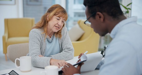 Image showing Talking, results and woman with black man or doctor for healthcare, insurance or checklist. Wellness, consulting and a senior patient speaking to an African clinic worker with a document for surgery