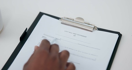 Image showing Life insurance, contract and signature with hands of person for planning, information or deal. Policy, legal documents and form with closeup of client reading in law firm for report and application
