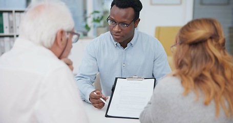 Image showing Senior couple, communication and contract with financial advisor and retirement plan to sign. Document, advice and business analyst with information and paperwork in office for signature of will