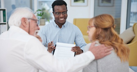 Image showing Senior couple, explanation and contract with financial advisor and retirement plan to sign. Document, pension talk and business analyst with information and paperwork in office for signature of will