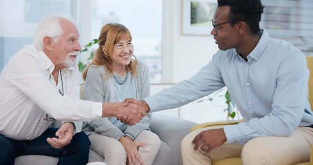 Image showing Senior, couple and handshake for life insurance planning and investment at a meeting. Finance, shaking hands and agreement deal for accounting and retirement budget for income savings with thank you