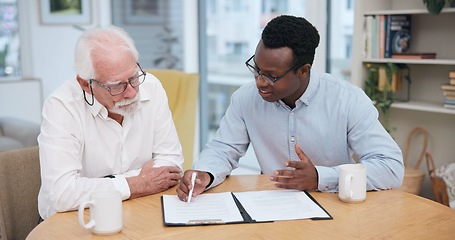 Image showing Senior man, insurance and contract with financial advisor and retirement plan to sign. Document, pension deal and business analyst with male person and paperwork in office for signature of will