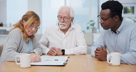 Image showing Senior couple, insurance and contract with financial advisor and retirement plan to sign. Document, pension and business analyst with information and paperwork in office for signature of will